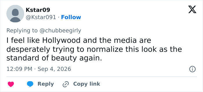 A tweet from Kstar09 discusses Hollywood and media trying to normalize a beauty standard, fueling model backlash. A tweet from Kstar09 discusses Hollywood and media trying to normalize a beauty standard, fueling model backlash.