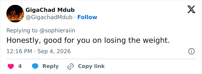 A social media post with a comment praising Sophie Rain's 50lbs weight loss, saying 'Honestly, good for you on losing the weight.' A social media post with a comment praising Sophie Rain's 50lbs weight loss, saying 'Honestly, good for you on losing the weight.'