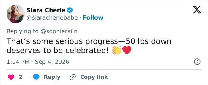 Screenshot of a tweet from Siara Cherie celebrating Sophie Rain's 50lbs weight loss progress. Screenshot of a tweet from Siara Cherie celebrating Sophie Rain's 50lbs weight loss progress.