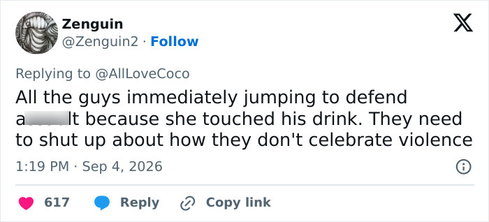 Tweet by Zenguin about a brutal reaction to a woman rejecting a man on a second date, raising awareness. Tweet by Zenguin about a brutal reaction to a woman rejecting a man on a second date, raising awareness.