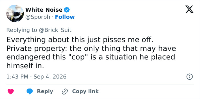A White Noise tweet replying to @Brick_Suit, commenting on why a Georgia cop fatally fired on a baby donkey. A White Noise tweet replying to @Brick_Suit, commenting on why a Georgia cop fatally fired on a baby donkey.