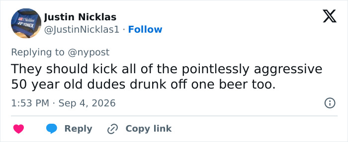 Tweet by Justin Nicklas: US Open influencers kicked out for posting a photo. Comment about kicking out aggressive fans. Tweet by Justin Nicklas: US Open influencers kicked out for posting a photo. Comment about kicking out aggressive fans.