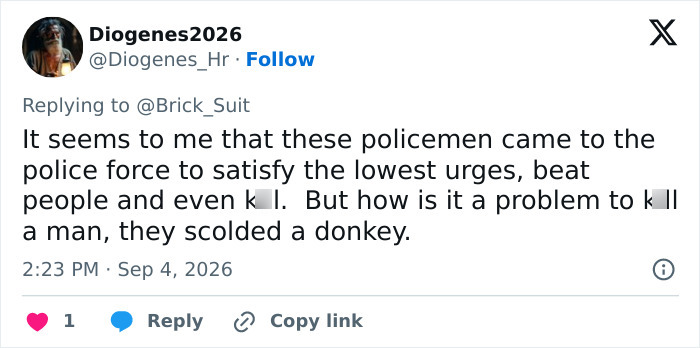 A social media post from Diogenes2026 commenting on the Georgia cop who fatally fired on a baby donkey. A social media post from Diogenes2026 commenting on the Georgia cop who fatally fired on a baby donkey.