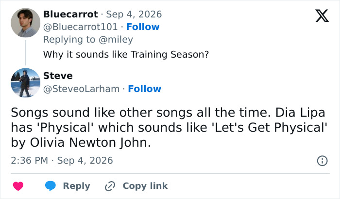 Screenshot of a social media post discussing Miley Cyrus's name change and potential setback, comparing songs. Screenshot of a social media post discussing Miley Cyrus's name change and potential setback, comparing songs.