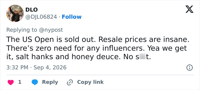 Tweet by DLO: US Open influencers kicked out for posting a photo. Comment about sold-out US Open and resale prices. Tweet by DLO: US Open influencers kicked out for posting a photo. Comment about sold-out US Open and resale prices.