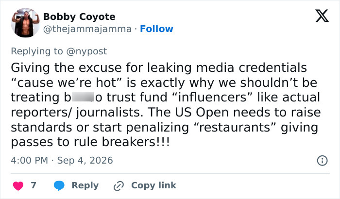 Tweet by Bobby Coyote: US Open influencers kicked out for posting a photo. Comment on treating influencers like reporters. Tweet by Bobby Coyote: US Open influencers kicked out for posting a photo. Comment on treating influencers like reporters.