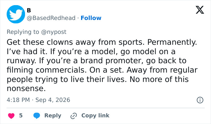 Twitter user BasedRedhead comments on US Open influencers and asks them to stay away from sports. Twitter user BasedRedhead comments on US Open influencers and asks them to stay away from sports.