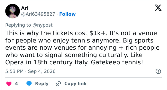 Tweet by Ari discussing expensive US Open tickets, connecting to the influencers and event accessibility issues. Tweet by Ari discussing expensive US Open tickets, connecting to the influencers and event accessibility issues.