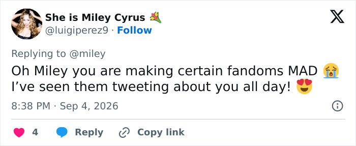 A tweet about Miley Cyrus facing a major setback after her name change. A tweet about Miley Cyrus facing a major setback after her name change.