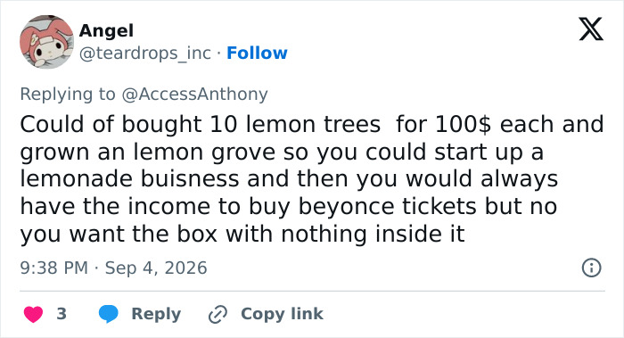 A social media user comments on Beyoncé’s wooden box, suggesting a lemonade business would be a better investment. A social media user comments on Beyoncé’s wooden box, suggesting a lemonade business would be a better investment.