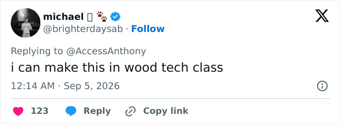A social media post from 'michael' commenting on the wooden box, stating 'i can make this in wood tech class'. A social media post from 'michael' commenting on the wooden box, stating 'i can make this in wood tech class'.