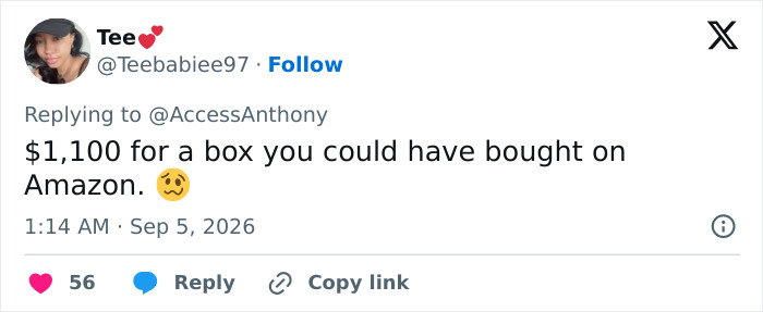 A social media user comments on Beyoncé’s wooden box, saying it's overpriced and could be bought on Amazon. A social media user comments on Beyoncé’s wooden box, saying it's overpriced and could be bought on Amazon.