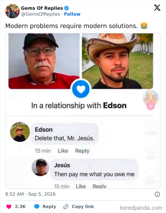 A post shows two men, featuring a humorous exchange in comments about a relationship, with perfect replies.