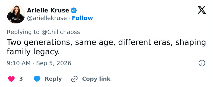 A social media comment on the Kim Kardashian and North West photo comparison, highlighting two generations shaping family legacy.
