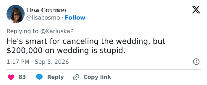 A tweet about a man calling off his $200k wedding after his fiancée's comment about the Lindsay Clancy case. A tweet about a man calling off his $200k wedding after his fiancée's comment about the Lindsay Clancy case.
