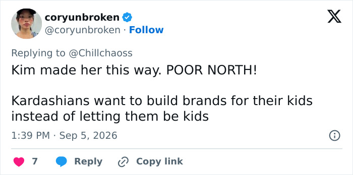 A social media comment criticizing Kim Kardashian's parenting, stating, Kardashians want to build brands for their kids.