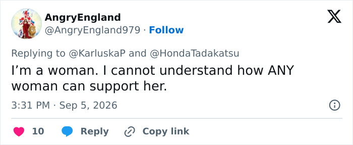 Tweet from AngryEngland expressing disbelief that any woman could support Lindsay Clancy, causing a man to call off his wedding. Tweet from AngryEngland expressing disbelief that any woman could support Lindsay Clancy, causing a man to call off his wedding.