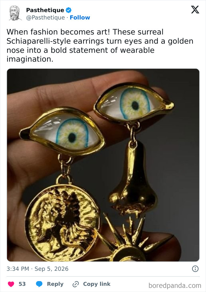 Aesthetic art earrings in a surreal Schiaparelli style featuring blue eyes and a golden nose