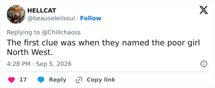 A tweet about North West at 13 and her name, contributing to the parenting controversy.