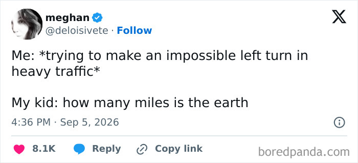 A funny tweet showing how parents vented on social media about driving in traffic with a curious child.