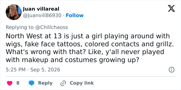 A tweet defending North West at 13 playing with makeup, addressing parenting controversy.