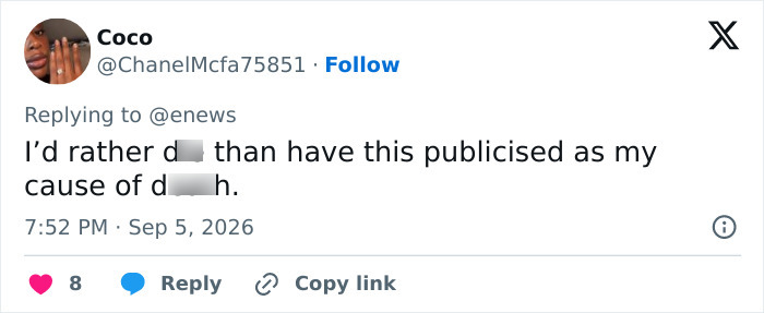 Screenshot of a Twitter comment by Coco, replying to @enews about a male cosmetic procedure, expressing privacy concerns.