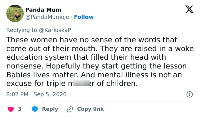 Tweet from Panda Mum stating that mental illness is not an excuse for the actions in the Lindsay Clancy case, causing a man to cancel his wedding. Tweet from Panda Mum stating that mental illness is not an excuse for the actions in the Lindsay Clancy case, causing a man to cancel his wedding.