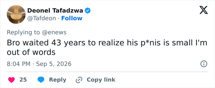 Tweet from Deonel Tafadzwa discussing a male cosmetic procedure and an influencer.