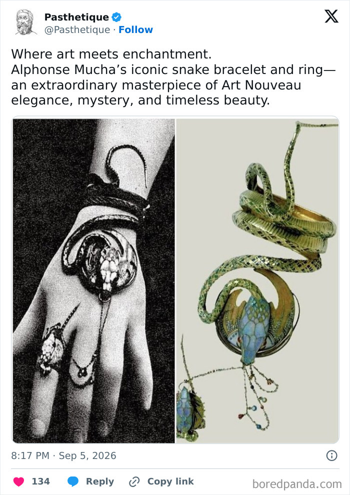 Alphonse Mucha snake bracelet and ring showcasing iconic Art Nouveau history and culture