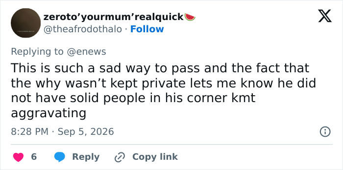 A social media comment on the tragic passing of an influencer after a male cosmetic procedure.