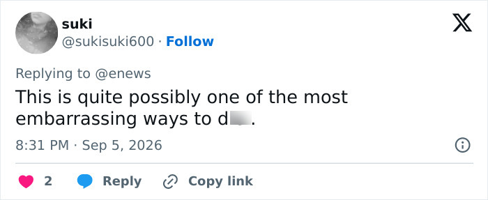 Screenshot of a Twitter comment by suki, replying to @enews, calling a male cosmetic procedure embarrassing.