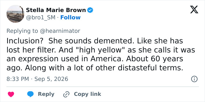 A social media comment condemning a Harry Potter star's appalling remark about a show host's skin. A social media comment condemning a Harry Potter star's appalling remark about a show host's skin.