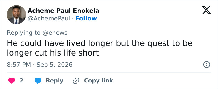 A social media comment reflecting on an influencer's tragic passing after a male cosmetic procedure.