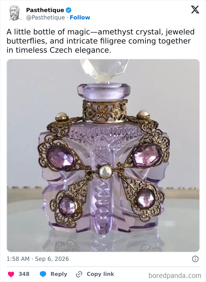 An elegant violet Czech glass perfume bottle as a piece of aesthetic art and history
