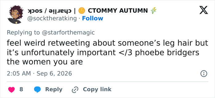 A fan's emotional reaction to Phoebe Bridgers' visible leg hair, acknowledging the importance of normalizing body hair. A fan's emotional reaction to Phoebe Bridgers' visible leg hair, acknowledging the importance of normalizing body hair.