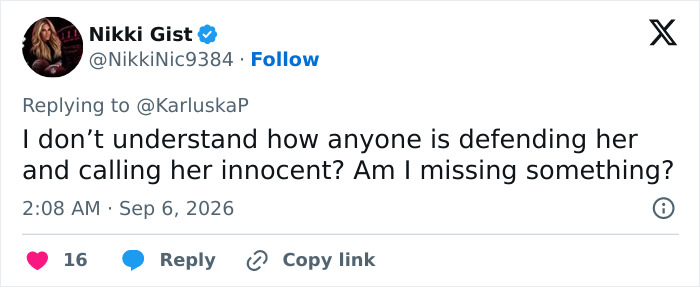 Tweet from Nikki Gist questioning how anyone can defend or call Lindsay Clancy innocent, impacting a man's wedding plans. Tweet from Nikki Gist questioning how anyone can defend or call Lindsay Clancy innocent, impacting a man's wedding plans.