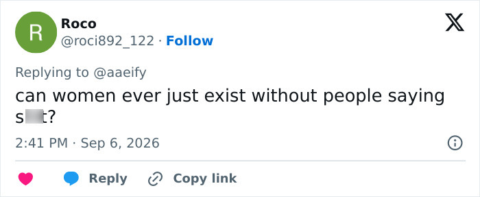 A screenshot of a tweet from 'Roco' replying to an unexpected styling post, questioning societal expectations for women. A screenshot of a tweet from 'Roco' replying to an unexpected styling post, questioning societal expectations for women.