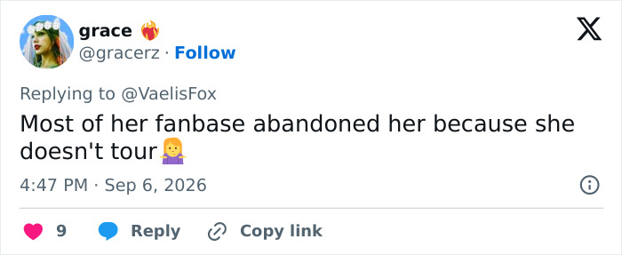 A social media comment about Miley Cyrus's fanbase abandoning her due to a major setback. A social media comment about Miley Cyrus's fanbase abandoning her due to a major setback.