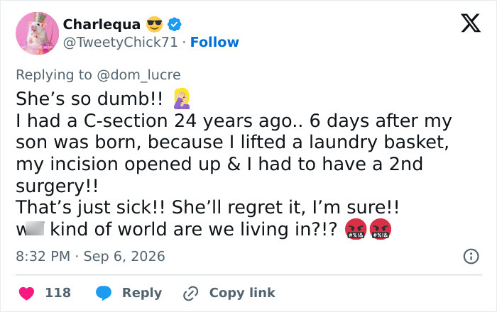 Tweet by Charlequa criticizing Bonnie Blue's video, referencing dangerous practices and childbirth. Tweet by Charlequa criticizing Bonnie Blue's video, referencing dangerous practices and childbirth.