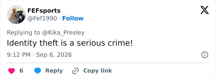 A social media post with the comment, Identity theft is a serious crime! related to the wedding day transformation. A social media post with the comment, Identity theft is a serious crime! related to the wedding day transformation.