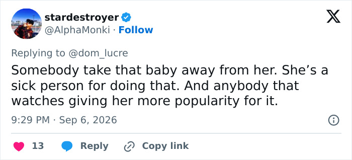 Tweet from @stardestroyer commenting on Bonnie Blue's video, suggesting dangerous practices after childbirth. Tweet from @stardestroyer commenting on Bonnie Blue's video, suggesting dangerous practices after childbirth.