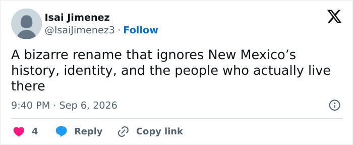 A tweet criticizing the bizarre rename that ignores New Mexico's history, identity, and its people. A tweet criticizing the bizarre rename that ignores New Mexico's history, identity, and its people.