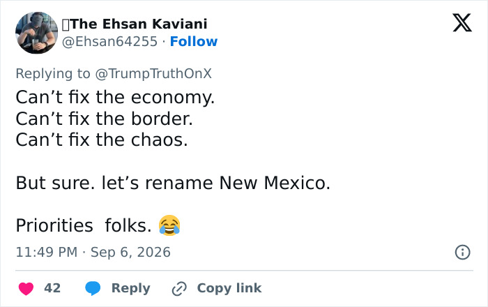 A tweet by The Ehsan Kaviani criticizing the idea of renaming New Mexico while other issues remain unfixed. A tweet by The Ehsan Kaviani criticizing the idea of renaming New Mexico while other issues remain unfixed.