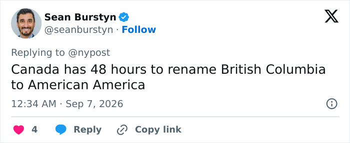 A tweet from Sean Burstyn proposing to rename British Columbia to American America, relevant to the New Mexico name change discussion. A tweet from Sean Burstyn proposing to rename British Columbia to American America, relevant to the New Mexico name change discussion.