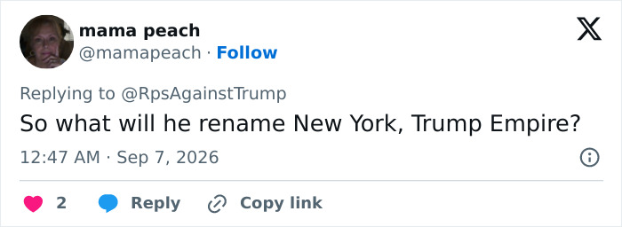 A tweet by mama peach asking about a potential New York name change to Trump Empire, referencing Trump's New Mexico name change idea. A tweet by mama peach asking about a potential New York name change to Trump Empire, referencing Trump's New Mexico name change idea.