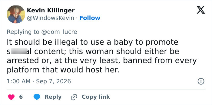 Screenshot of a tweet from Kevin Killinger criticizing Bonnie Blue's video for promoting dangerous practices after childbirth. Screenshot of a tweet from Kevin Killinger criticizing Bonnie Blue's video for promoting dangerous practices after childbirth.