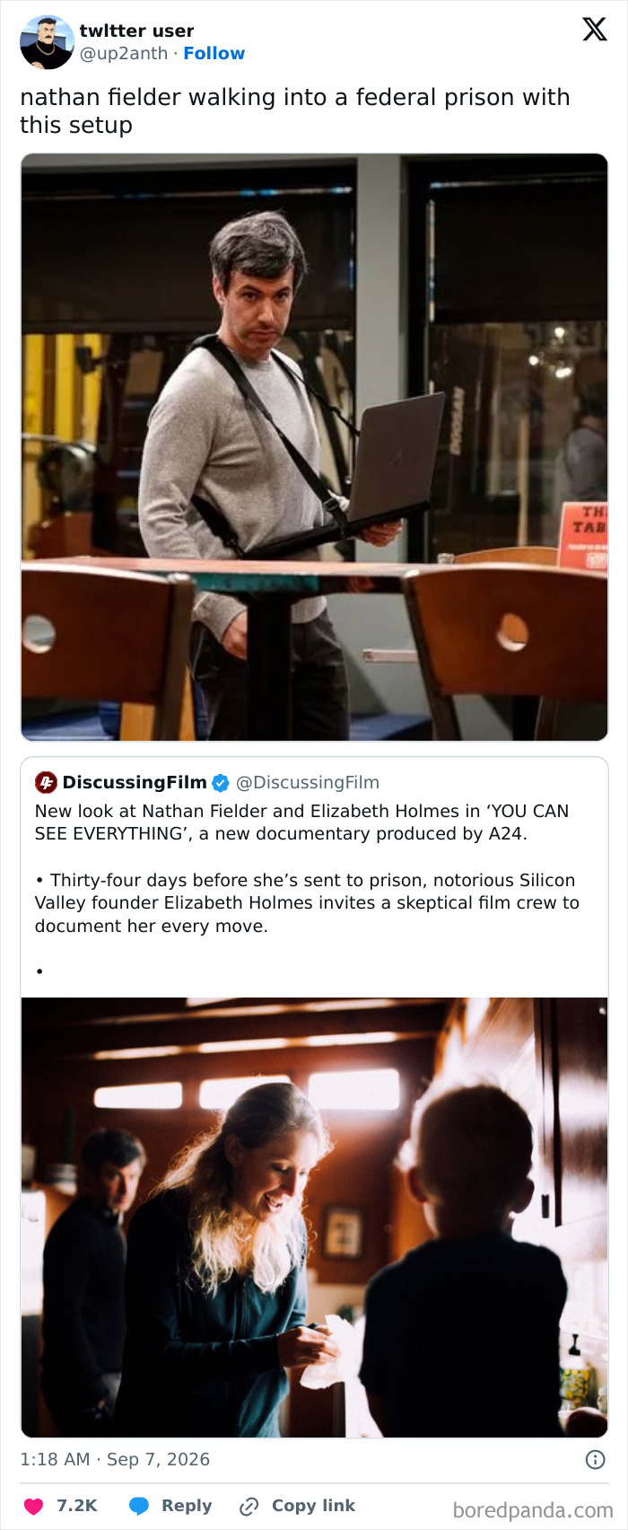 A tweet about Nathan Fielder and Elizabeth Holmes with two images, one of Fielder and another of Holmes smiling. This relates to Theranos fraud.