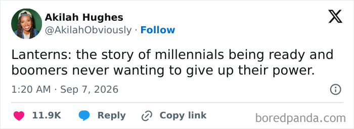 A social media post about the superhero show Lanterns, referencing millennials and boomers, following Donald Trump's controversial reference.