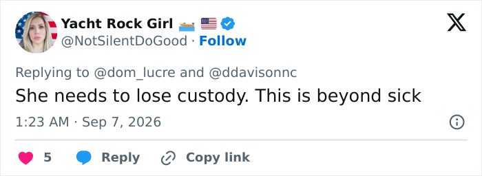 Tweet by Yacht Rock Girl suggesting Bonnie Blue lose custody due to dangerous childbirth practices. Tweet by Yacht Rock Girl suggesting Bonnie Blue lose custody due to dangerous childbirth practices.