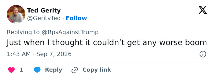 Ted Gerity tweet replies to RpsAgainstTrump regarding Trump setting sight on state for next name change. Ted Gerity tweet replies to RpsAgainstTrump regarding Trump setting sight on state for next name change.